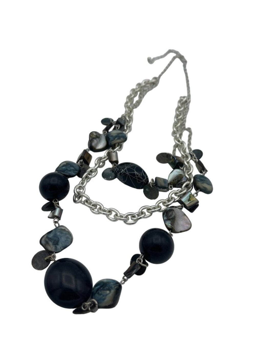 Multi-Strand Silver Necklace With Beaded Accents Shell & Black Resin Pre-Owned